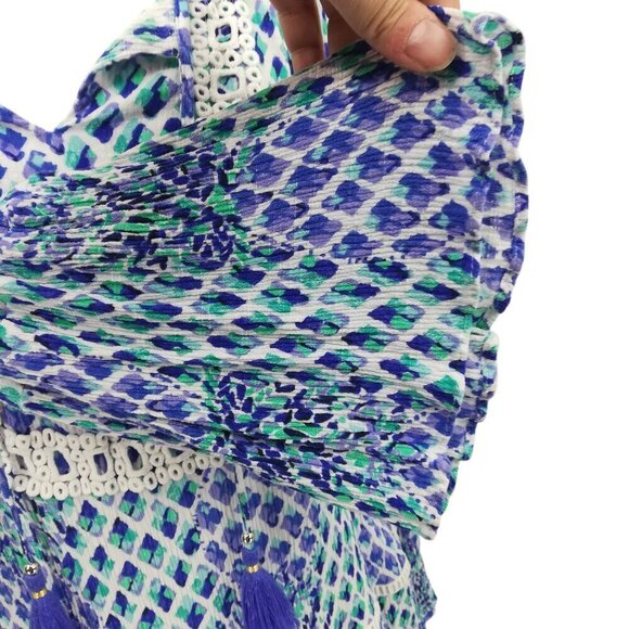 Lilly Pulitzer Amisa Top Size M Crochet Boho Bell Sleeves V-neck Tassel Blue - Picture 6 of 13